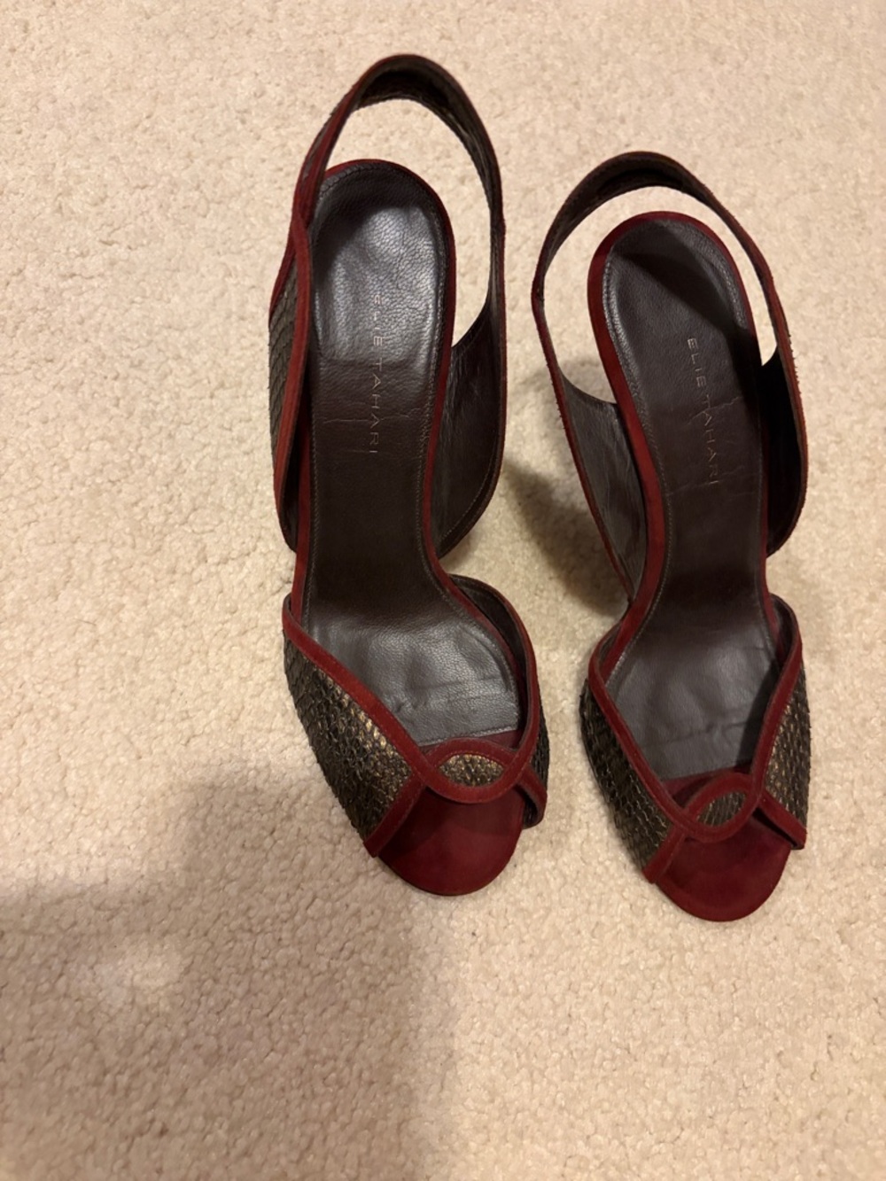 Elie Tahari Red Slingback Peep-Toe Heels with Woven Detail